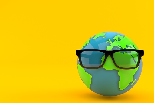 Glasses with world globe isolated on orange background. 3d illustration