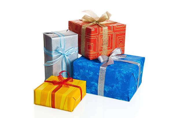 istock Multi-coloured boxes with gifts, it is isolated on white 119816815