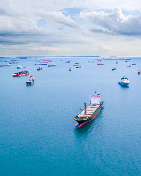 schiffe im hafen von oben gesehen - singapore shipping cargo container nautical vessel stock-fotos und bilder