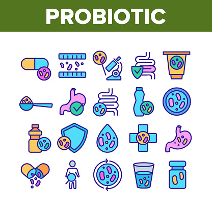 Probiotic Bacteria Collection Icons Set Vector Thin Line. Intestinal Flora And Intestinal, Healthy Yogurt And Intestine, Probiotic Concept Linear Pictograms. Color Contour Illustrations