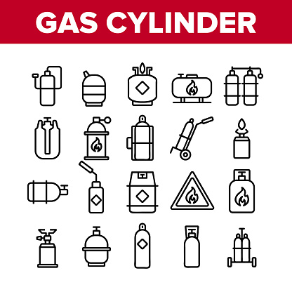 Gas Cylinder Equipment Collection Icons Set Vector Thin Line. Gas Cylinder, Container With Flame Mark, Burner Canister With Burn Concept Linear Pictograms. Monochrome Contour Illustrations