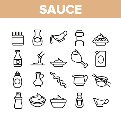 Sauce Spicy Cream Collection Icons Set Vector Thin Line. Ketchup, Mustard And Olive Oil Bottles And Containers, On Chicken Leg Concept Linear Pictograms. Monochrome Contour Illustrations