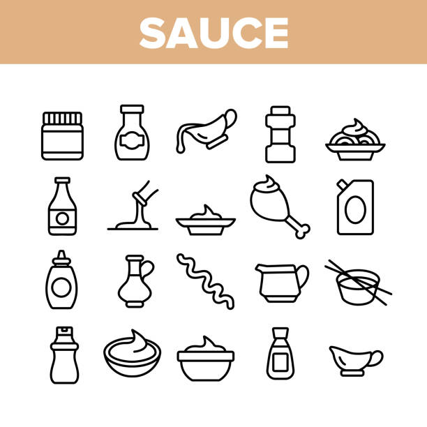 Sauce Spicy Cream Collection Icons Set Vector Sauce Spicy Cream Collection Icons Set Vector Thin Line. Ketchup, Mustard And Olive Oil Bottles And Containers, On Chicken Leg Concept Linear Pictograms. Monochrome Contour Illustrations condiment stock illustrations