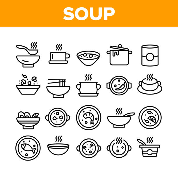 stockillustraties, clipart, cartoons en iconen met soep verschillende recepten collectie icons set vector - schaal serviesgoed