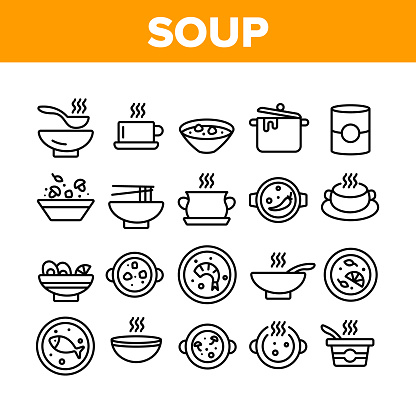 Soup Different Recipe Collection Icons Set Vector Thin Line. Delicious Soup With Vegetables And Mushrooms, With Fish And Shrimps Concept Linear Pictograms. Monochrome Contour Illustrations