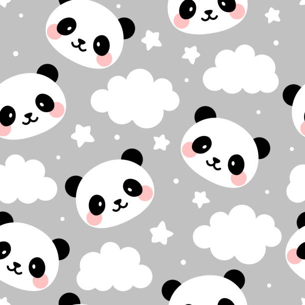 panda nahtlose muster hintergrund, glücklich niedlichen panda am himmel mit wolke mond und stern - seamless bamboo backgrounds textured stock-grafiken, -clipart, -cartoons und -symbole