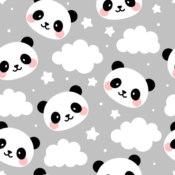 ilustraciones, imágenes clip art, dibujos animados e iconos de stock de panda fondo de patrón sin costuras, panda lindo feliz en el cielo con la luna de nubes y la estrella - bear teddy bear characters hand drawn