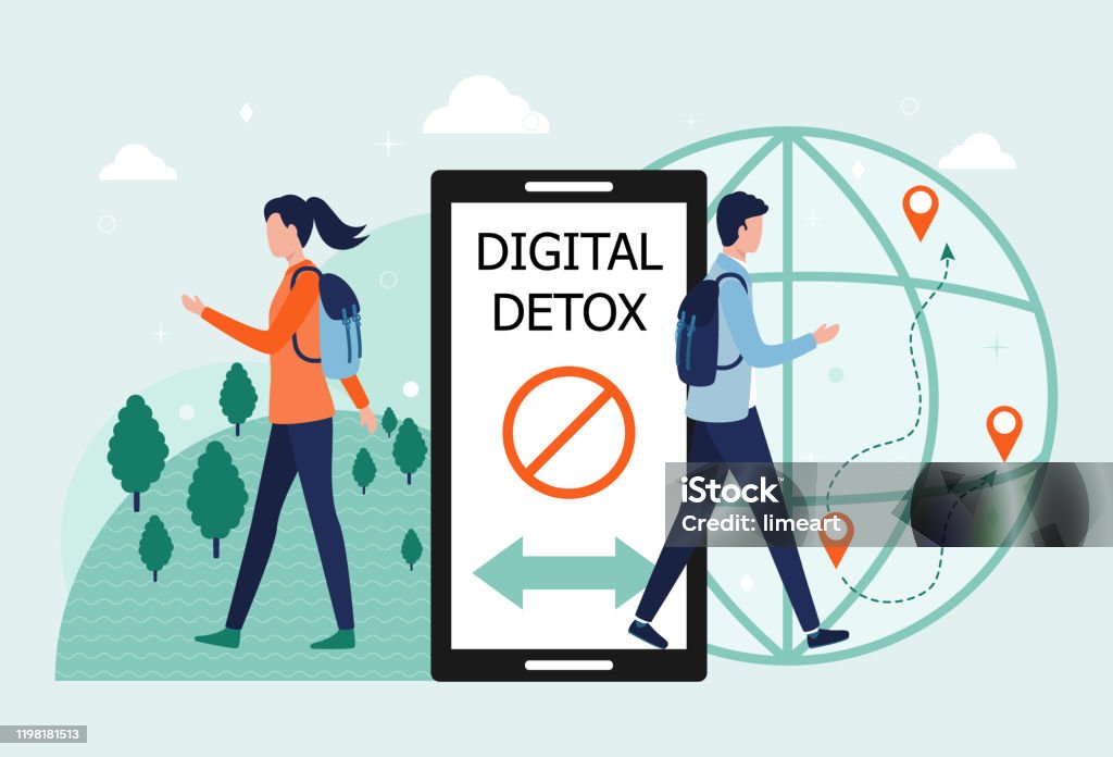 Digital detox concept. A man and a woman exit the smartphone. The idea of abandoning gadgets, devices, the Internet, socializing on social networks, a healthy lifestyle, leisure, travel. Flat vector Digital Detox stock vector