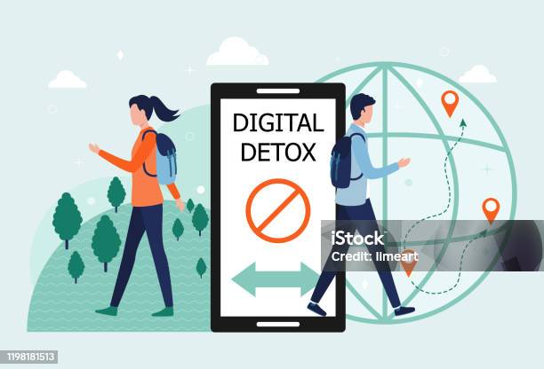 Digital Detox Concept A Man And A Woman Exit The Smartphone The Idea Of Abandoning Gadgets Devices The Internet Socializing On Social Networks A Healthy Lifestyle Leisure Travel Flat Vector Stock Illustration - Download Image Now