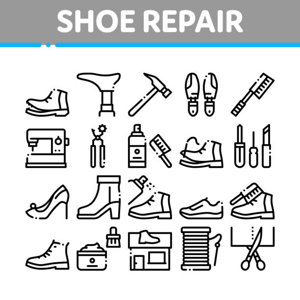 Shoe Repair Equipment Collection Icons Set Vector Shoe Repair Equipment Collection Icons Set Vector Thin Line. Shoes Repair Tools And Scissors, Sewing Machine And Hammer, Cream And Brush Concept Linear Pictograms. Monochrome Contour Illustrations shoemaker stock illustrations