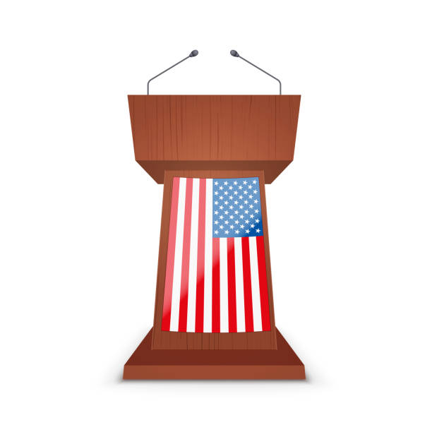 istock Podium Tribune with Microphone and Flag USA 1198182907