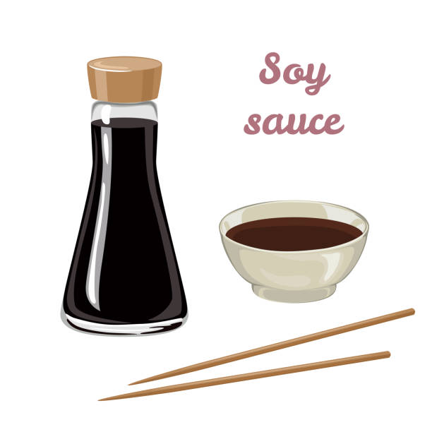 Soy sauce in a bottle, bowl and chopsticks isolated on white background. Soya sauce set. Vector illustration of asian food in cartoon flat style. Soy sauce in a bottle, bowl and chopsticks isolated on white background. Soya sauce set. Vector illustration of asian food in cartoon flat style. soia sauce stock illustrations