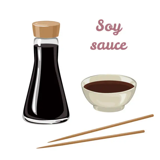 Vector illustration of Soy sauce in a bottle, bowl and chopsticks isolated on white background. Soya sauce set. Vector illustration of asian food in cartoon flat style.
