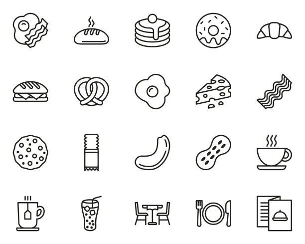 ilustrações, clipart, desenhos animados e ícones de os ícones do pequeno almoço linha fina ajustaram-se grandes - breakfast eggs plate bacon