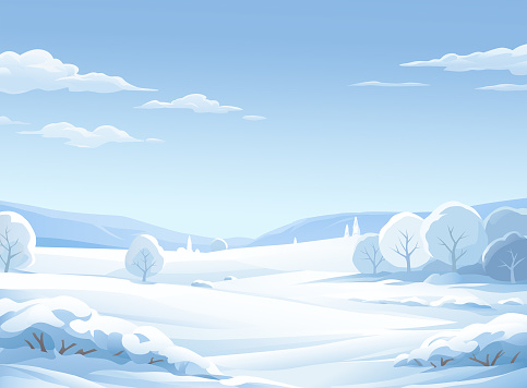 An idyllic winter landscape with snowy bushes, trees, hills and mountains. Vector illustration with space for text.