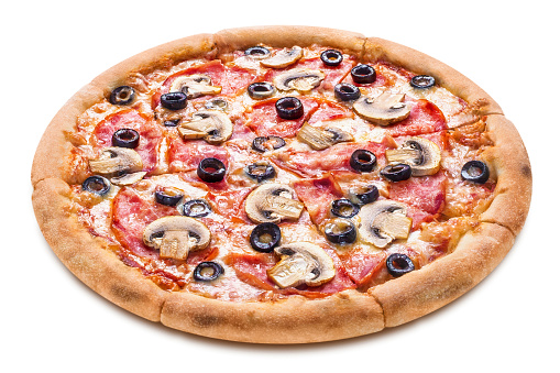 Delicious pizza with ham, champignon mushrooms, olives, mozzarella and tomato sauce, isolated on white background