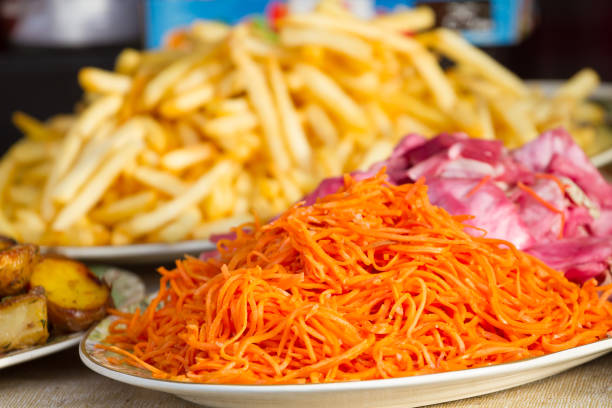 Korean carrot with cabbage and potatoes on a street food