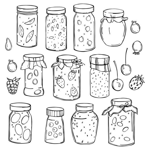 ilustraciones, imágenes clip art, dibujos animados e iconos de stock de tarros de mermelada dibujados a mano. ilustración vectorial. - jar canning food preserves