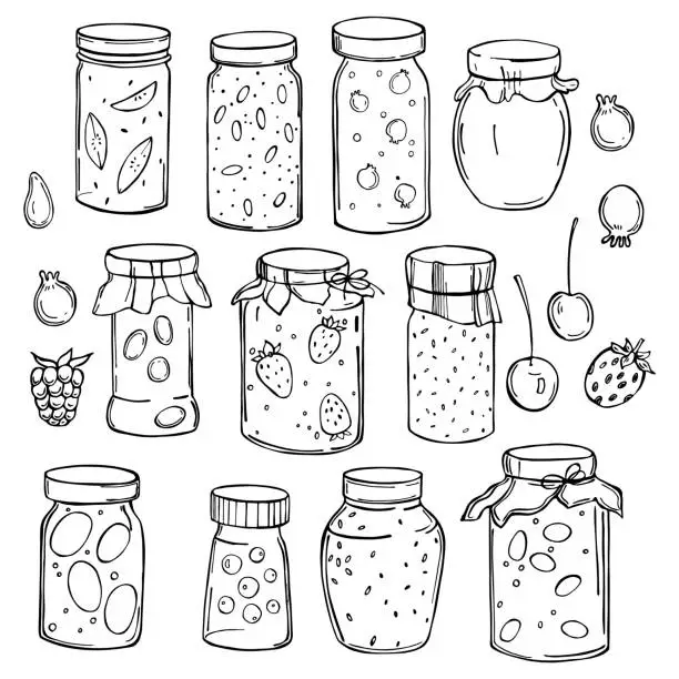 Vector illustration of Hand-drawn jam jars. Vector illustration.