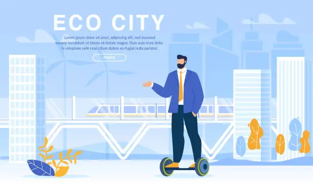 Vector illustration of Eco City Life and Businessman Riding Hoverboard