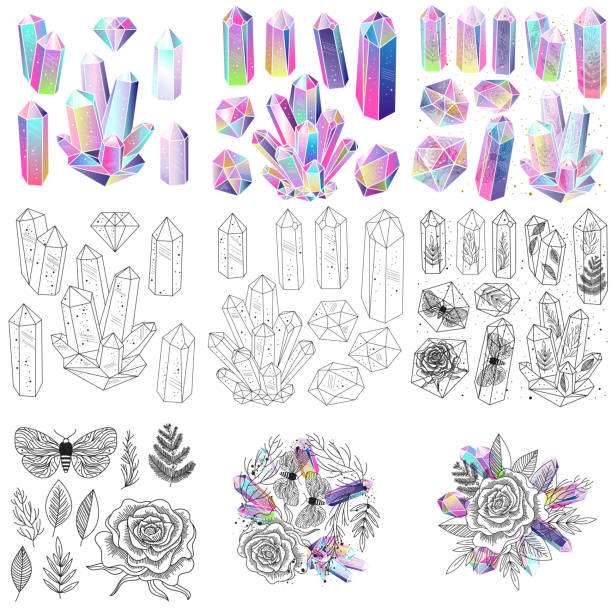 Gems, crystals set vector Magical fairytale crystals gem stones and leaves, rose, moths, vector isolated set. Colored, black and white elements. rock object illustrations stock illustrations