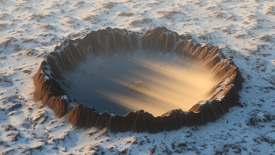 Crater on the ground covered in snow 3d illustration