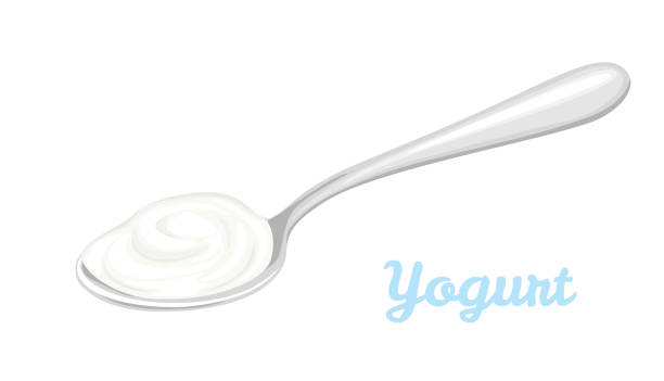 ilustraciones, imágenes clip art, dibujos animados e iconos de stock de yogur en cuchara de metal aislado sobre un fondo blanco. ilustración vectorial de producto lácteo fresco en estilo plano de dibujos animados. - cheese softness freshness food