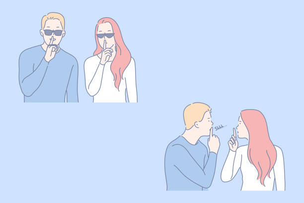 illustrazioni stock, clip art, cartoni animati e icone di tendenza di giovane coppia in silenzio, concetto gesto silenzio - google