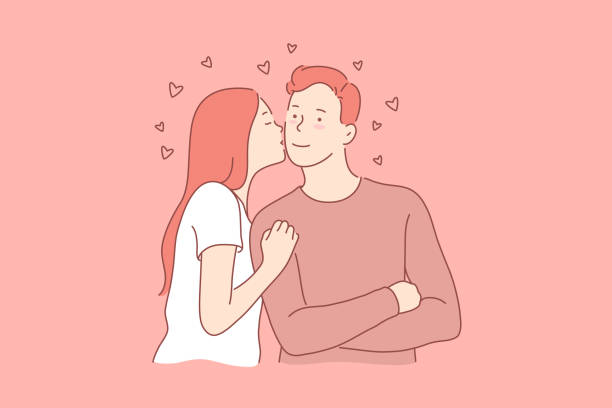 Family, love, relationship concept Family, love, relationship concept. Young merry couple has tender sweet relationship. Girlfriend loves her lovely boyfriend very much. All happy families start from huge love. Simple flat vector kissing illustrations stock illustrations