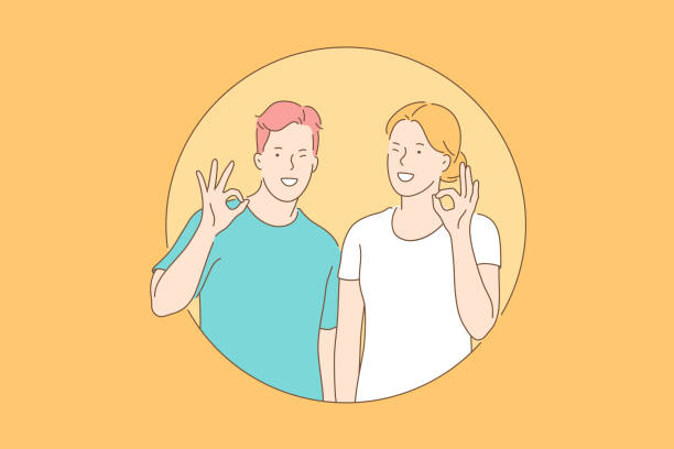 illustrations, cliparts, dessins animés et icônes de jeune couple de clin d'œil, concept de bonne humeur - mannered