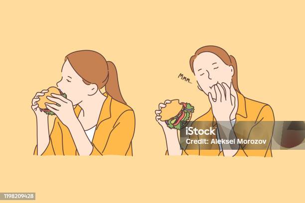 Fastfoodsucht Ungesundes Ernährungskonzept Stock Vektor Art und mehr Bilder von Burger - Burger, Essen - Mund benutzen, Frauen