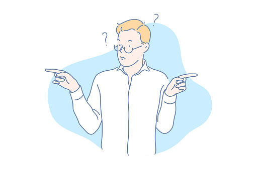 Confused guy showing fingers in different directions concept. Puzzled, confused, perplexing person, thinking about problem solution, getting lost, multiple question marks. Simple flat vector