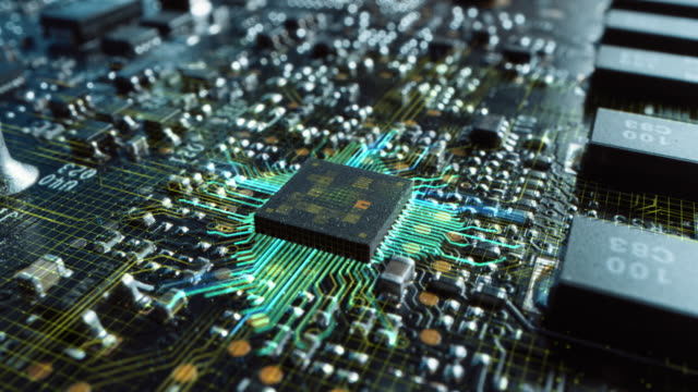 Light Theme Visualization of Circuit Board CPU Processor Starting Digitalization Process and Information Computing, Processing Bits of Data. Computer Graphics, Special Visual Effects, Animation