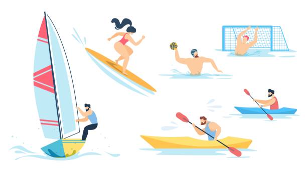 Water Sport and Sportive People Characters Set Water Sport and Sportive People Characters Set. Cartoon Men and Women Sailing, Surfing, Rowing, Playing Waterpolo. Summertime Activities on Vacation. Active Lifestyle. Vector Flat Illustration water polo stock illustrations