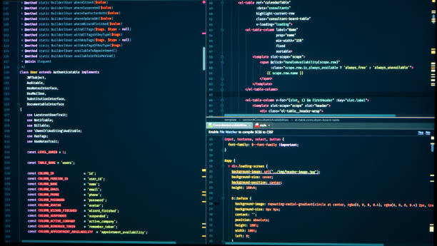 Web developing of the site using php language. Php code in the editor, markup, front view Web developing of the site using php language. Php code in the editor, markup, front view. Programming concept backend code stock pictures, royalty-free photos & images