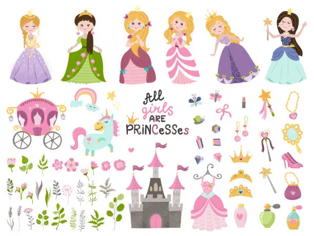 Vector illustration of Big vector set of beautiful princesses