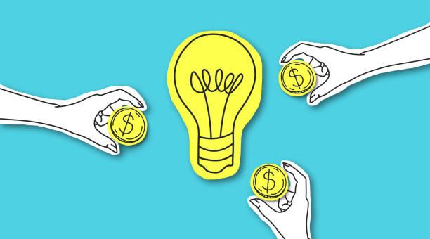 Hands with dollar sign coins around yellow light bulb Perspective way to invest money. Hands with dollar sign coins around yellow light bulb over blue background crowdfunding stock illustrations