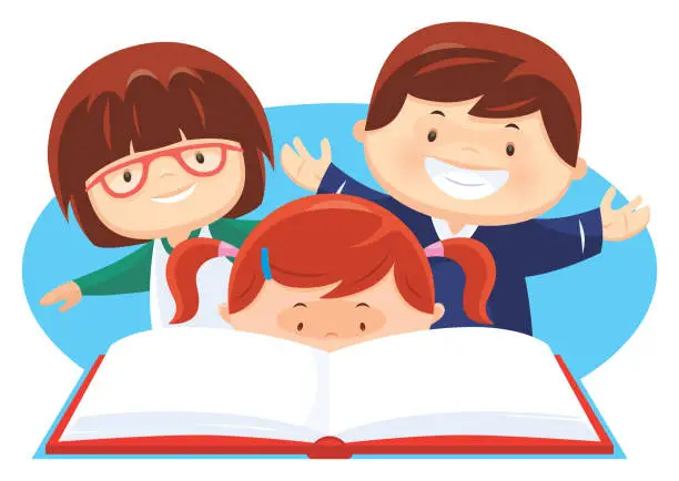 Vector illustration of three kids reading book