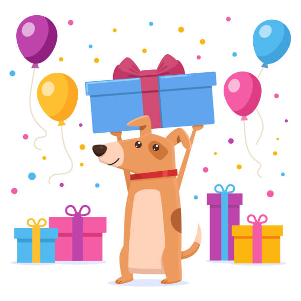 Dog holding a gift box Dog giving a present to his owner dog with ribbon stock illustrations