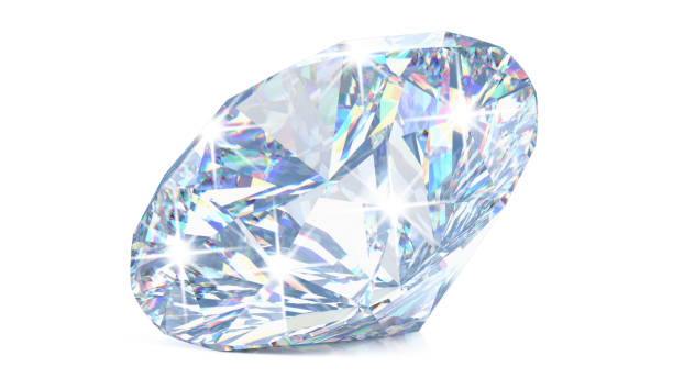 istock Cut diamond with shadow and glowing lens flares. 3D rendering illustration of sparkling light round brilliant diamond isolated on white background 1198222593