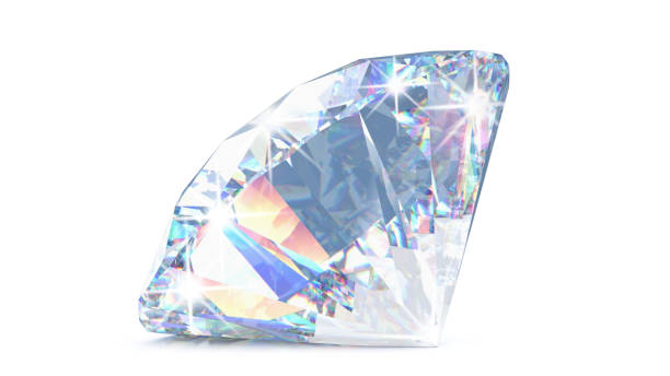 istock Cut diamond with shadow and glowing lens flares. 3D rendering illustration of sparkling light round brilliant diamond isolated on white background 1198222599