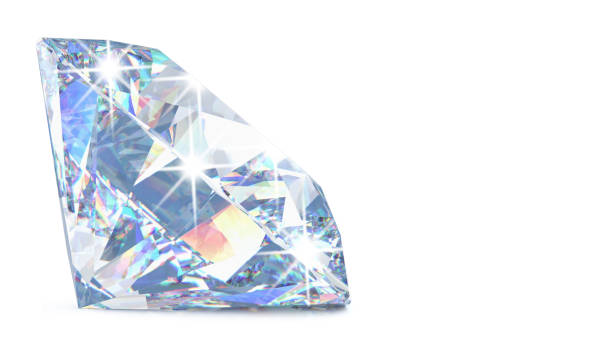 istock Side view of Cut diamond with shadow and glowing lens flares with copy space. 3D rendering illustration of sparkling light round brilliant diamond isolated on white background 1198222617