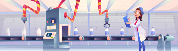 butelki na mleko na przenośniku fabrycznym z ramionami robota - semi skimmed milk stock illustrations