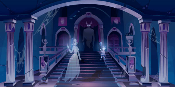 ilustrações de stock, clip art, desenhos animados e ícones de old castle with ghosts flying in dark scary room - house column residential structure fairy tale