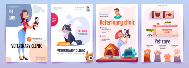 수의학 클리닉 배너 세트입니다. 수의사 서비스 포스터 - pets dog office vet stock illustrations