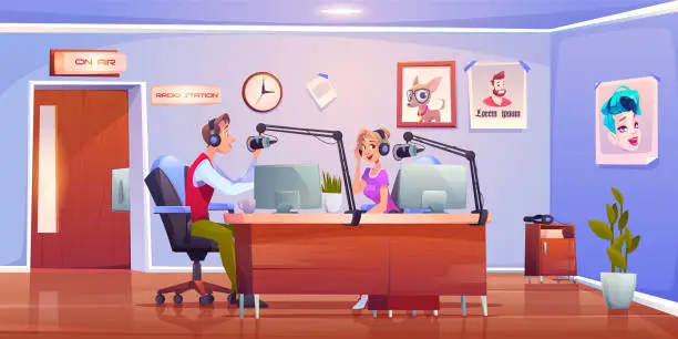 Vector illustration of Radio hosts dj in studio, presenters man and woman