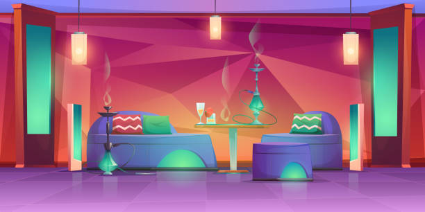 Shisha hookah bar interior, empty cafe for smoking Shisha hookah bar interior, empty cafe for smoking with chillums standing on table with drinks and comfortable couches. Lounge in arabic or turkish style with muffled light Cartoon vector illustration indoors bar restaurant sofa stock illustrations