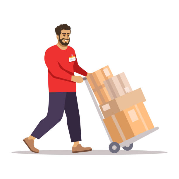 Deliveryman at work flat vector illustration Deliveryman at work flat vector illustration. Warehouse worker pulling wheelbarrow isolated cartoon character on white background. Post office courier carrying cardboard boxes, parcels on trolley warehouse clipart stock illustrations