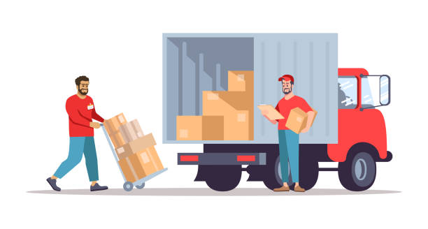 Moving house service flat vector illustration Moving house service flat vector illustration. Post office workers loading cardboard boxes into truck. Deliverymen planning parcels shipment isolated cartoon character on white background moving stock illustrations