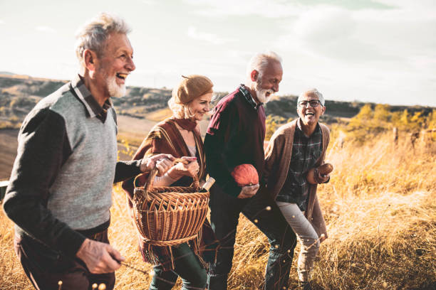 istock Group of happy seniors having fun while going on a picnic on the hill. 1198224647